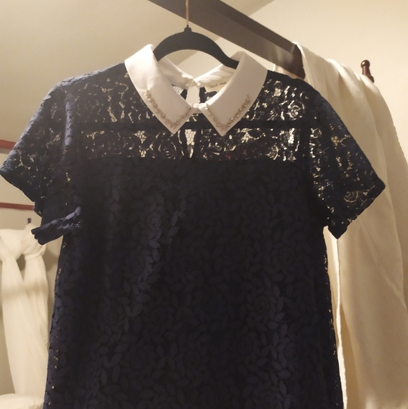 Faith and Joy blouse, rhinestone embellished collar, lace, navy, size small - Picture 2 of 4